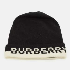 Pre Owned Burberry Black Logo Intarsia Cashmere Beanie