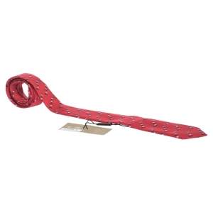 Pre Owned Burberry Parade Red Vintage Logo Print Silk Stanfield Skinny Tie 