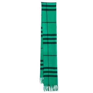 Burberry Green Checked Cashmere Fringed Muffler 