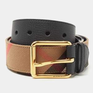 Burberry Black/Beige House Check Fabric and Leather Mark Buckle Belt 105CM