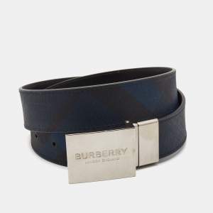 Burberry Navy Blue/Black London Check Coated Canvas Logo Plague Reversible Belt 85CM