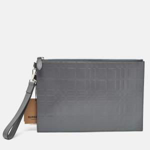 Burberry Grey Check Embossed Leather Edin Zip Pouch