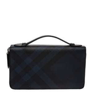Burberry Navy Blue Coated Canvas Reeves Double Zip Wallet