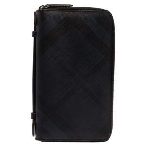 Burberry Navy Blue Coated Canvas Reeves Double Zip Wallet