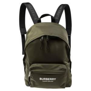 Burberry Green Nylon Logo Print Backpack
