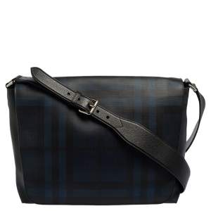 Burberry Black/Blue Check PVC and Leather Large Burleigh Messenger Bag