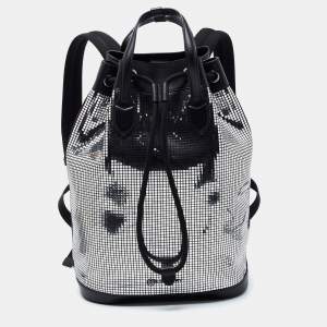 Burberry Black/Silver Leather and Suede Mirror Drawstring  Backpack