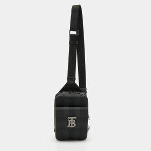 Burberry Black Motif Charcoal Monogram Check Coated Canvas and Leather Theo Crossbody Bag 