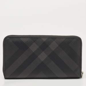 Burberry Charcoal London Check Coated Canvas Zip Around Continental Wallet