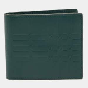 Burberry Green Check Embossed Leather CC Bills Bifold Wallet