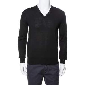 Pre Owned Burberry Black Merino Wool V-Neck Sweater S