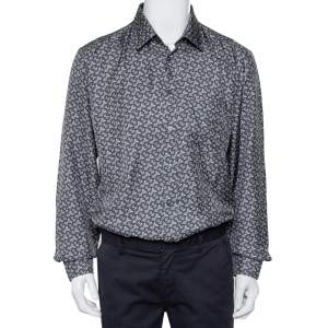 Pre Owned Burberry Grey Logo Monogram Printed Silk Button Front Shirt XL