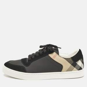 Burberry Black/Beige Leather and House Check Canvas Low Top Sneakers Size 43