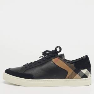 Pre Owned Burberry Black/Beige Leather and House Check Canvas Low Top Sneakers Size 43