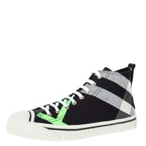 Burberry Black/Fluorescent Green Check Canvas Mid-Top Sneakers Size 41.5