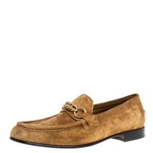 Burberry Brown Suede Leather Solway Chain Detail Slip On Loafers Size 42.5