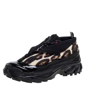 Burberry Black Mesh And Leopard Print Satin Arthur Low Top Sneakers Size 42