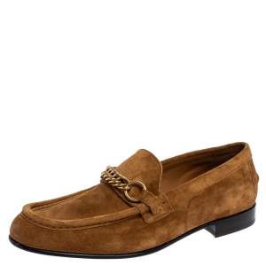 Burberry Brown Suede Leather Solway Chain Detail Slip On Loafers Size 43