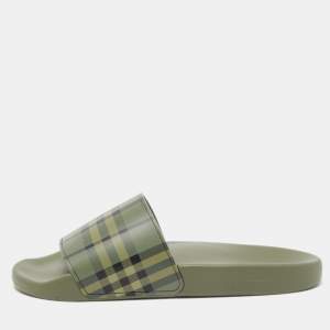 Burberry Green MGCheck Rubber Furley Flat Slides Size 44 
