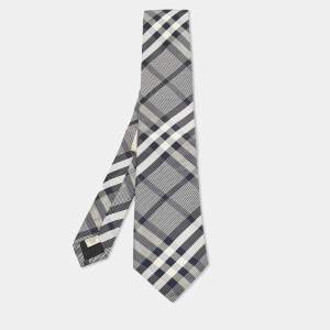 Burberry Navy Blue Check Pattern Silk Tie
