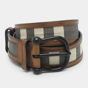 Pre Owned Burberry 100 cm Buckle Belt Gold/Grey House Check Canvas and Leather