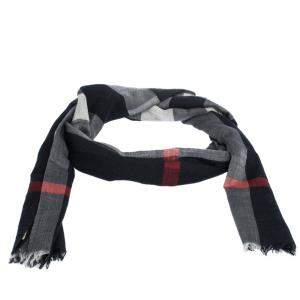 Burberry Navy Blue Checked Wool and Silk Fringed Edge Scarf