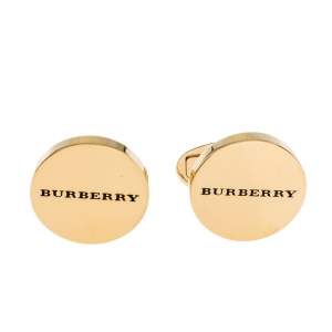 Burberry Logo Engraved Gold Tone Round Cufflinks