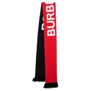 Burberry Red & Black Logo Print Tasseled Cashmere Muffler