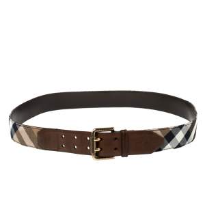 Pre Owned Burberry Beige/Brown House Check Canvas and Leather Buckle Belt 110 CM