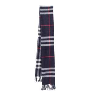 Burberry Navy Blue Classic Checkered Cashmere Fringed Stole