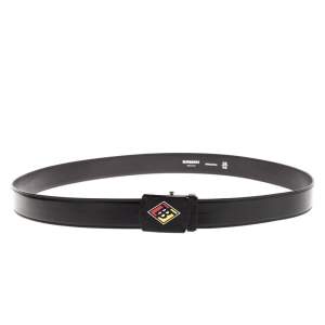 Pre Owned Burberry Black Coated Canvas and Leather Logo Graphic Plague Belt 95CM