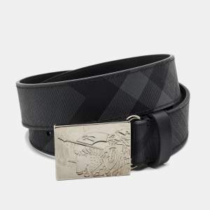 Burberry Black Charcoal Check Coated Canvas Logo Plague Belt 75CM