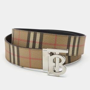 Burberry Beige/Black Housecheck Coated Canvas and Leather TB Logo Reversible Belt 95CM