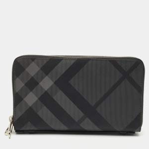 Burberry Black/Grey House Check PVC and Leather Reeves Double Zip Wallet