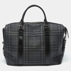 Burberry Black Check Coated Canvas and Leather Duffle Bag