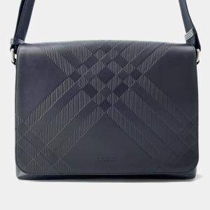 Pre Owned Burberry Embossed Check Messenger Bag Black Calf Leather