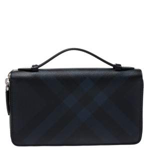 Burberry Navy Blue Coated Canvas Reeves Double Zip Wallet