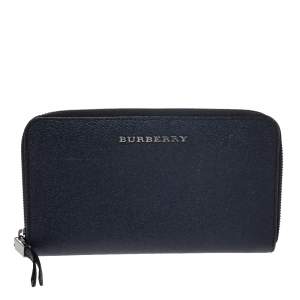 Burberry Navy Blue Leather Zip Around Wallet