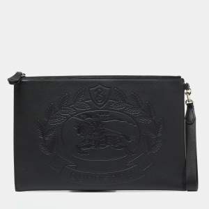 Burberry Black Leather Embossed Crest Wristlet Clutch