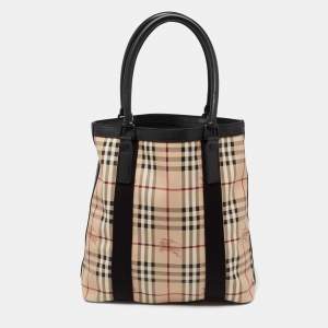 Burberry Beige/Black Haymarket Check Coated Canvas Vertical Tote