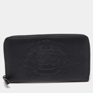 Burberry Black Leather Embossed Crest Zip Around Wallet
