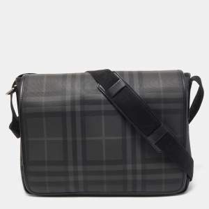 Burberry Black/Grey Check PVC and Leather Large Burleigh Messenger Bag