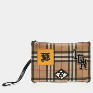 Burberry Beige/Black House Check PVC and Leather Patchwork Wristlet Pouch