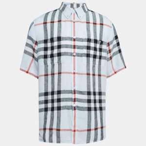 Burberry Blue Checked Linen Short Sleeve Shirt XL