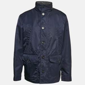 Burberry Navy Blue Synthetic Leather Trim Hooded Jacket XXL