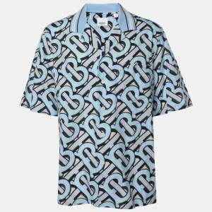 Burberry Blue TB Logo Monogram Cotton & Knit Collar Detail Bowling Shirt XL