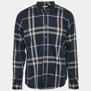 Burberry Navy Blue Plaid Cotton Button Down Shirt L