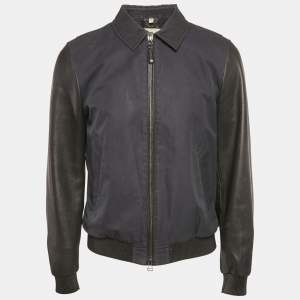 Burberry Navy Blue Cotton & Black Leather Zip Front Jacket M