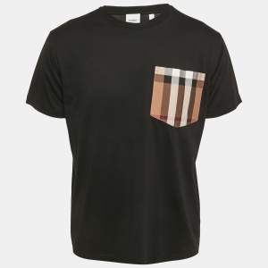 Burberry Black Cotton Checked Pocket Detail Crew Neck T-Shirt S