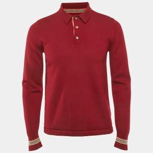 Burberry Dark Red Wool Knit Long Sleeve Polo T-Shirt XS